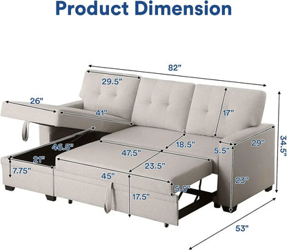 Sofá cama seccional multifuncional con forma de L, con espacio de almacenamiento y cama extraíble, color beige