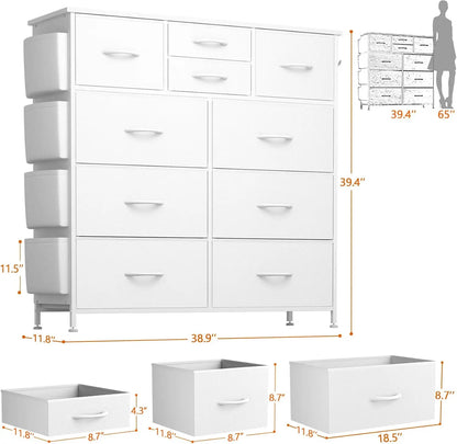 10 Drawer Dresser, Chest of Drawers for Bedroom, PU Dresser with Side Pockets, Hooks, Wooden Top and Sturdy Metal Frame