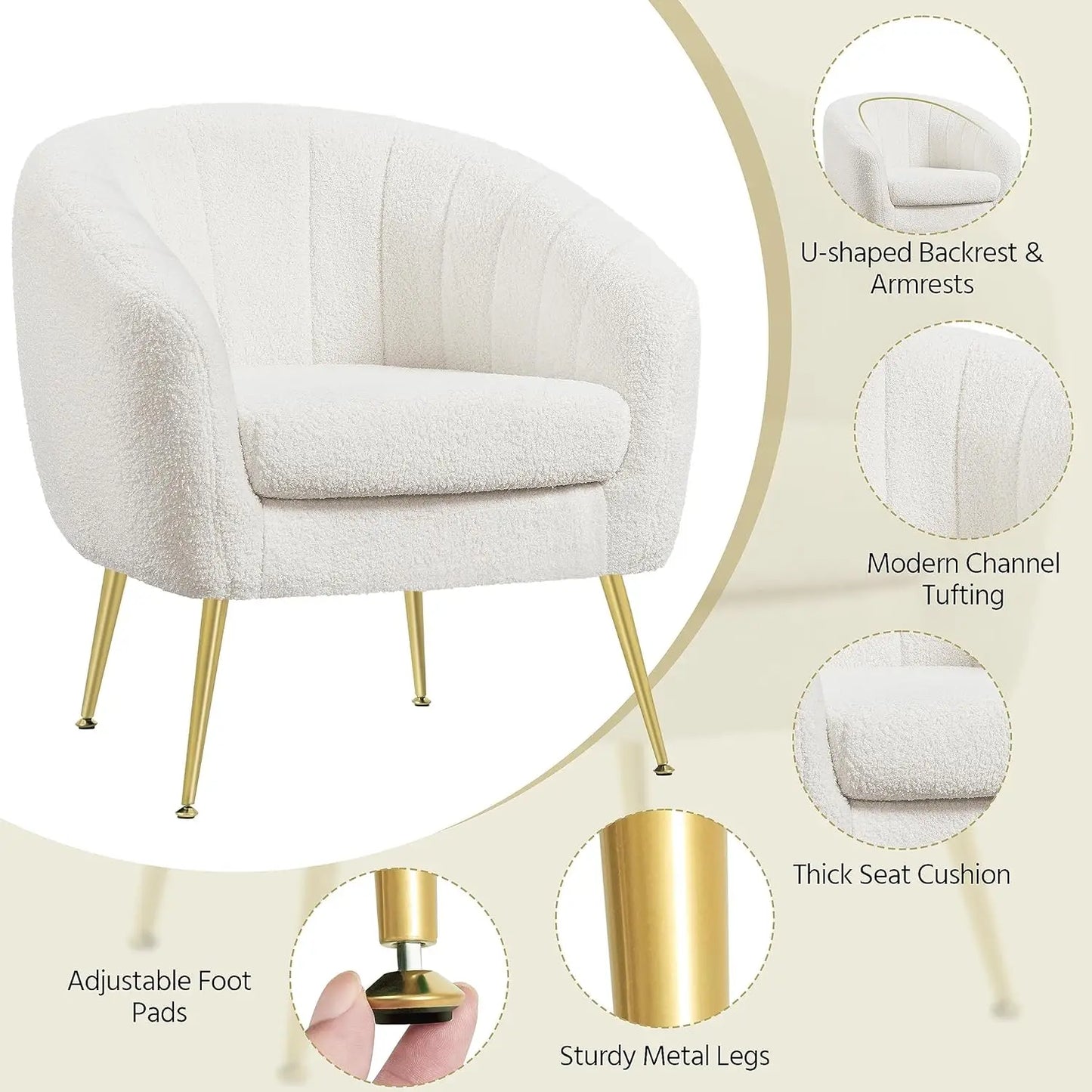 Modern Cozy Vanity Chair with Gold Metal Legs, Boucle Fabric Armchair with Removable Seat Cushion for Living Room Bedroom