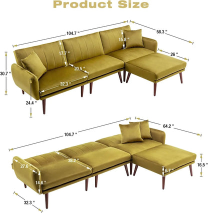 Velvet Sofa Couch for Living Room with Chaise, Modern Convertible L-Shaped Couch Sofa Bed with Adjustable Backrest