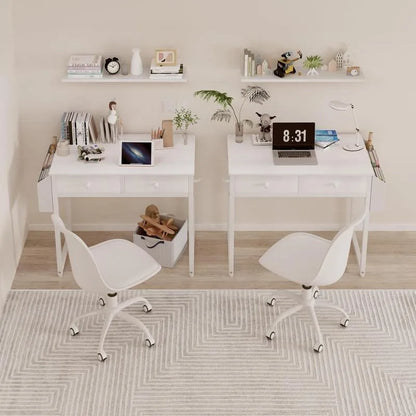 Petit bureau blanc avec tiroirs - pour chambre à coucher, bureau d'ordinateur de bureau à domicile de 32 pouces avec tiroir de rangement en tissu et sac, étude et écriture