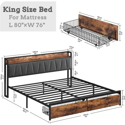 Cadre de lit king size, tête de lit avec rangement et station de charge, lit plateforme avec tiroirs, pas besoin de sommier, facile à assembler