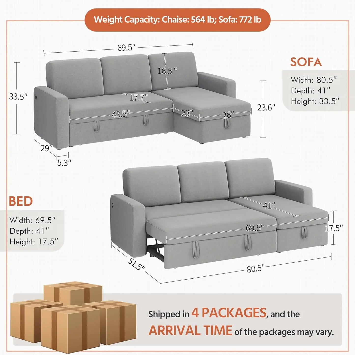 Sectional Sofa Couch Bed W/Chaise & USB, Reversible Couch Sleeper W/Pull Out Bed & Storage Space, Pull Out Couch, Sofa Bed