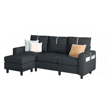 Convertible sectional sofa, modern linen L   shaped sofa with reversible ottoman and storage bag for living room, apartment,