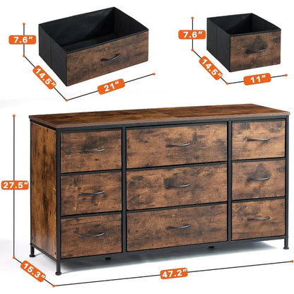 Commode TV avec tiroirs, centre de divertissement avec 9 tiroirs, table console multimédia pour console TV 60 '' pour chambre à coucher, robuste