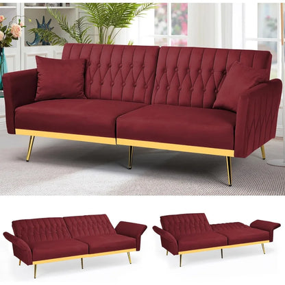 70in Velvet Futon Sofa Bed W/Adjustable Backrests and Armrests, Convertible Futon Couch with Two Pillows, Tufted Sleeper Bed