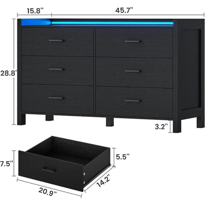 Dresser for Bedroom, 6 Drawer Double Dresser with LED Lights, Wood Chest of Drawers, Modern Storage Dresser for Bedroom, Black