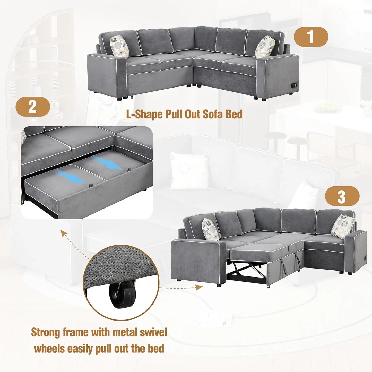 Convertible Sectional Sofa, Pull-Out Sleeper Sofa Bed with 3 Pillows and 2 USB Ports, L Shaped Couch with 2 Power Sockets