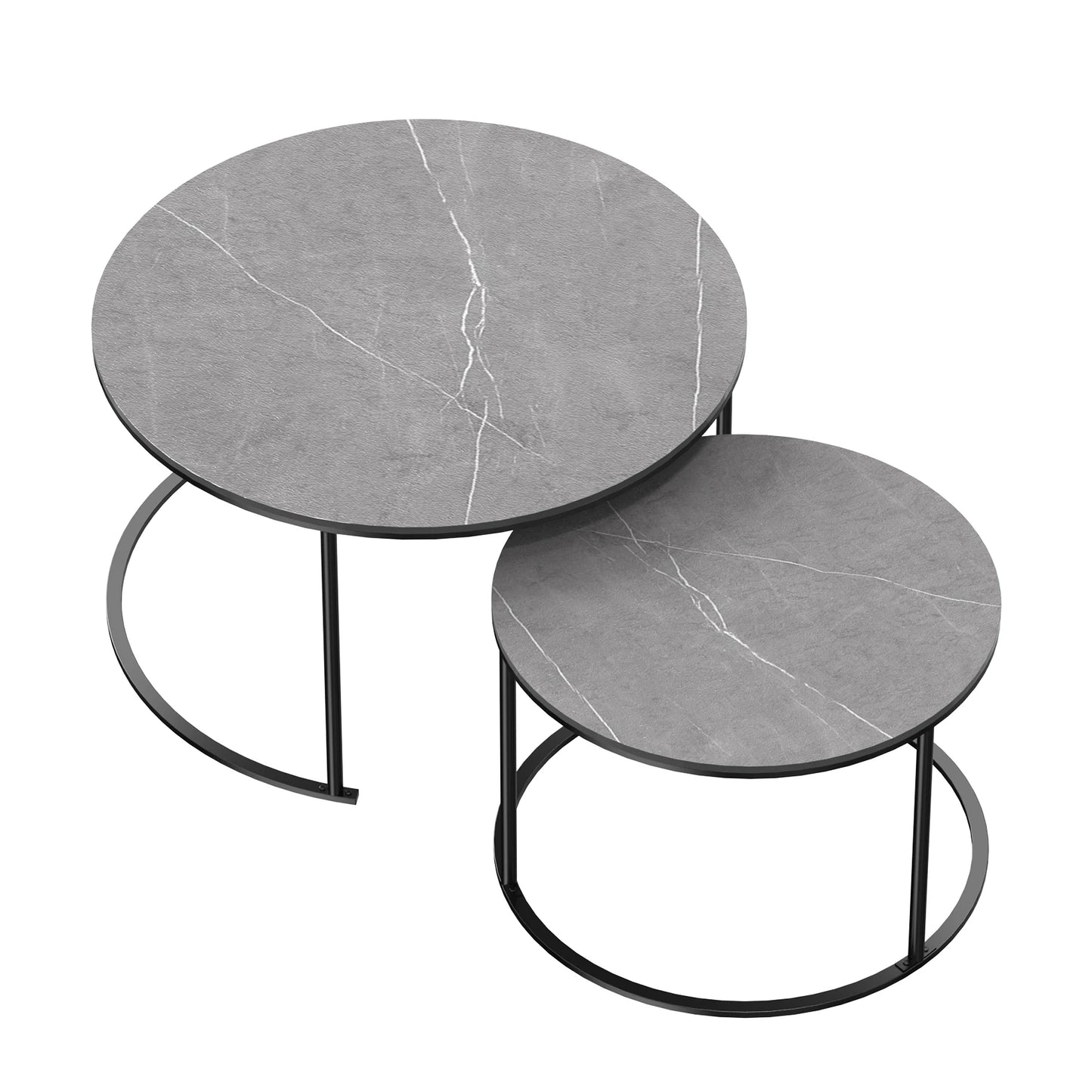 Ensemble de table basse ronde moderne en marbre gris avec plateau en pierre frittée et pieds en métal