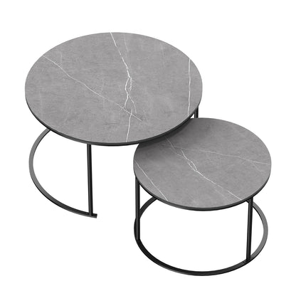 Ensemble de table basse ronde moderne en marbre gris avec plateau en pierre frittée et pieds en métal