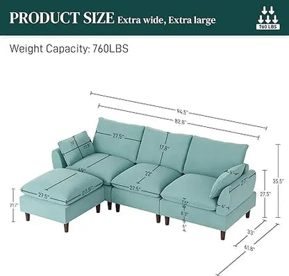 Sofá modular seccional en forma de L de chenilla, cómodo sofá Cloud de 3 plazas con otomana/chaise longue y 5 almohadas para sala de estar y dormitorio