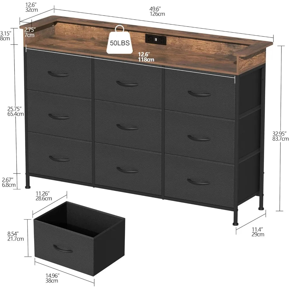 Commode blanche avec éclairage LED pour chambre à coucher Commode à 9 tiroirs avec station de charge Commode à tiroirs Cadre en acier Plateau en bois