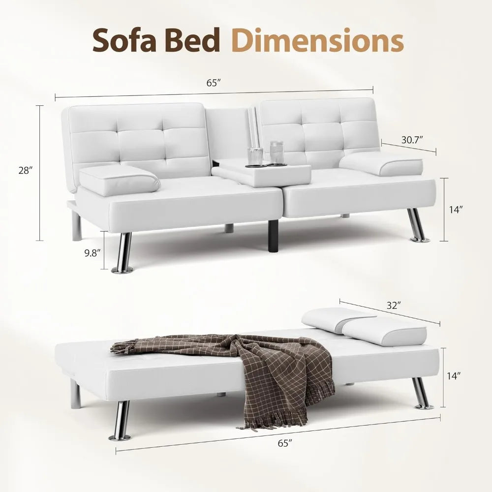 Canapé-lit futon convertible pliable pour salon, canapé-lit rembourré en similicuir avec accoudoirs amovibles, blanc