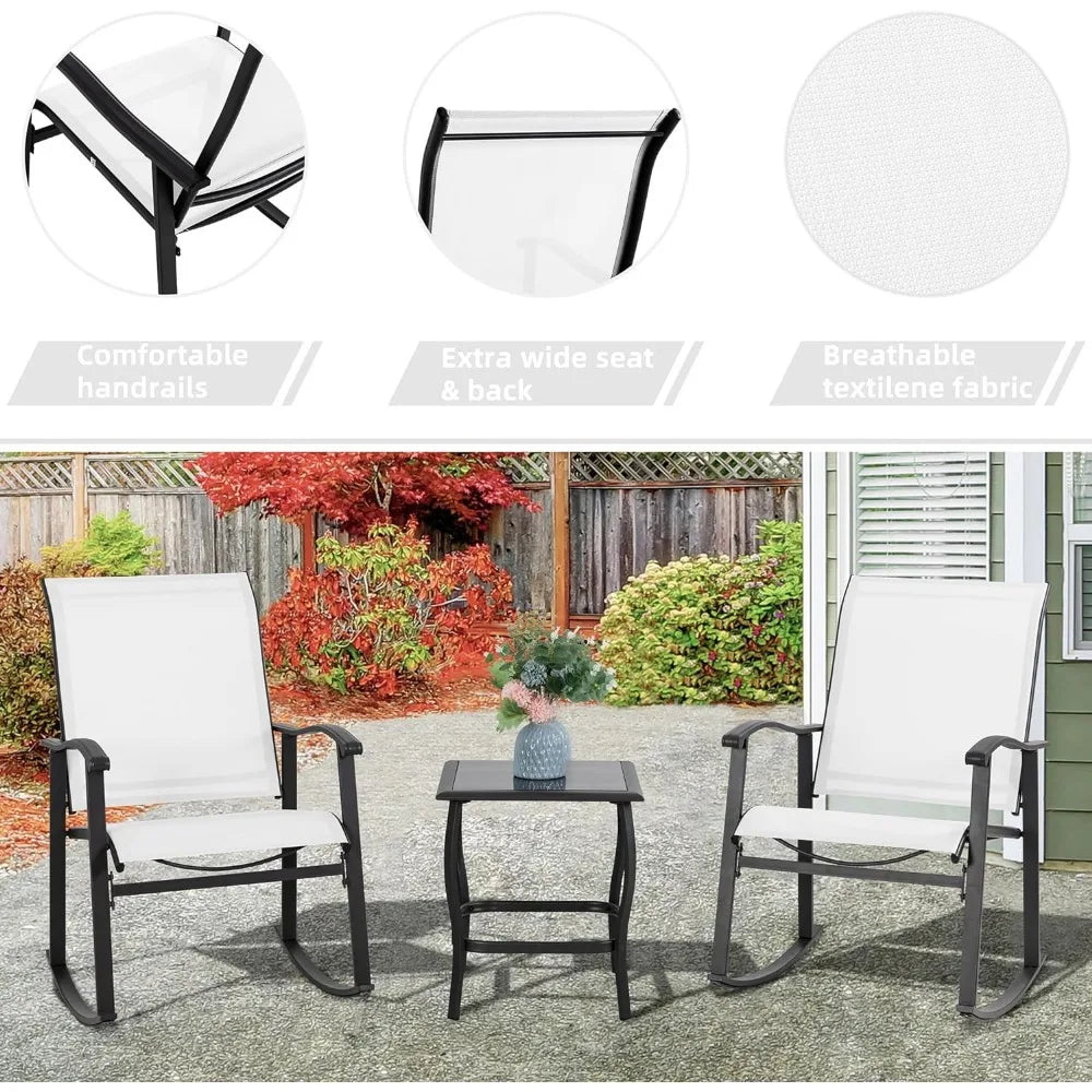 3 Piece Outdoor Rocking Bistro Set, Textilene Fabric Small Patio Furniture Set, Front Porch Rocker Chairs Conversation Set with