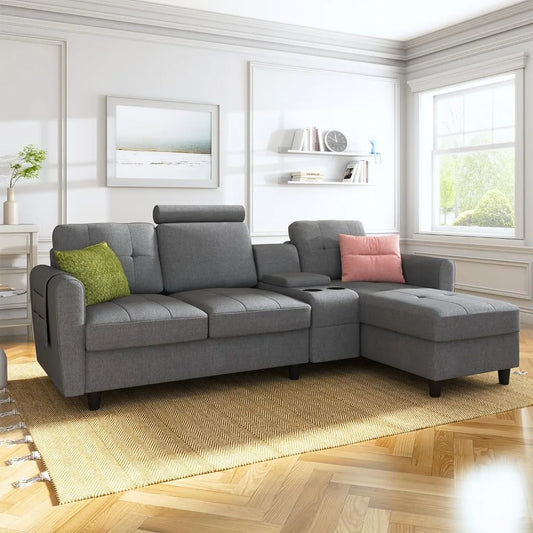 Sofa, Convertible Modular L-shaped Sofa with Cup Holder, 4-seater Sofa with Double-sided Chaise Longue, Light Grey Sofa