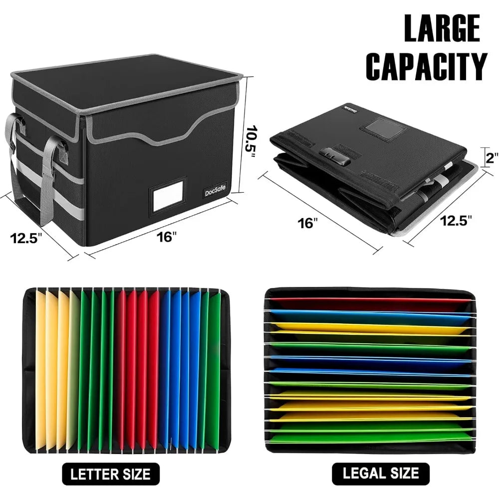 Boîte à documents ignifuge avec serrure, boîte de rangement de fichiers avec poches en filet, armoire de classement portable pliable