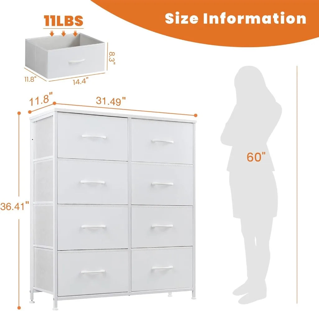 Cómoda para dormitorio, organizador de cajones con 8 cajones, marco de acero y parte superior de madera para dormitorio, armario y entrada