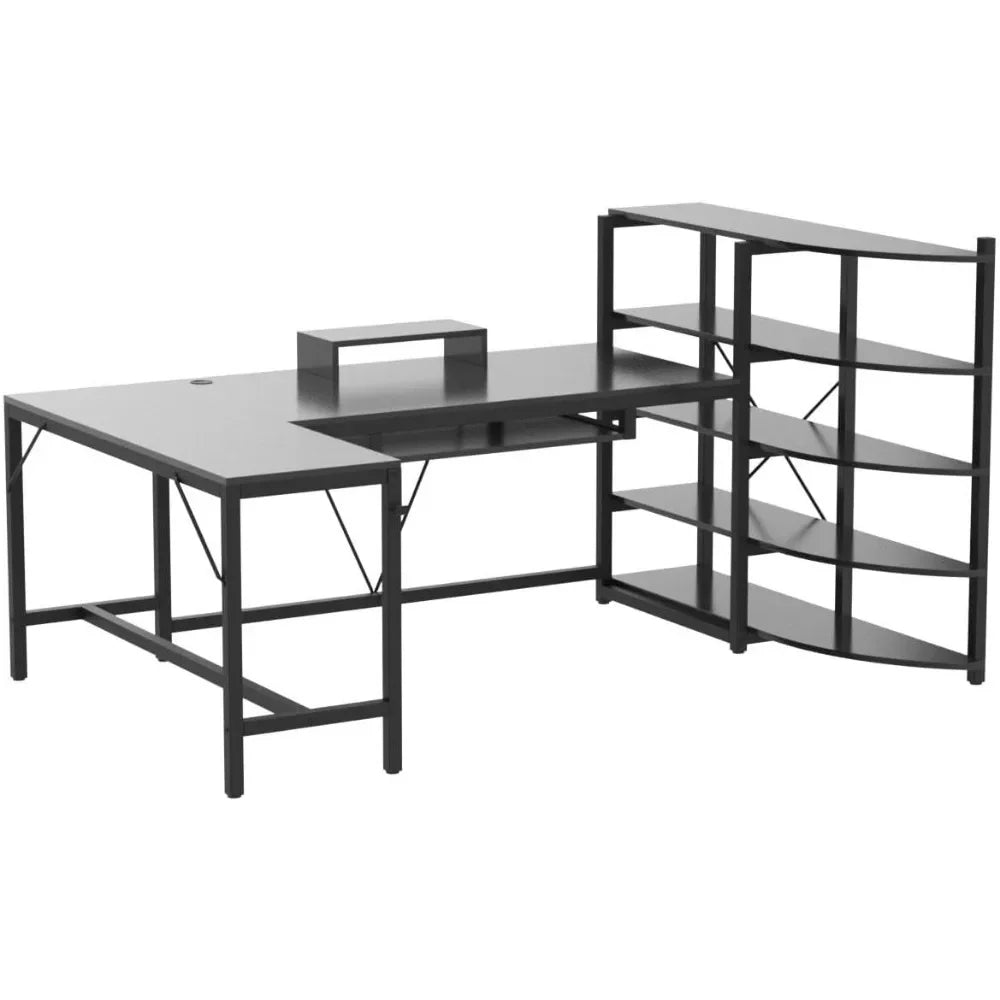 Bureau de jeu en L, bureau de jeu d'angle de 65 pouces, bureau d'ordinateur avec étagères de rangement, plateau pour clavier, support pour moniteur