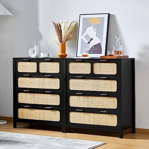 Modern Rattan 6 Drawer Dresser w/ Wide Drawers & Metal Handles, Farmhouse Wood Storage Chest of Drawers for Bedroom, Living Room