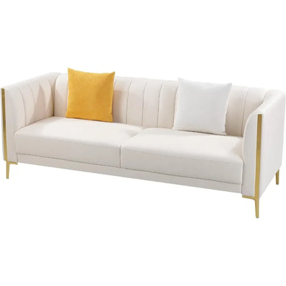 78'' Sofa, Modern White Couches, Faux Leather Sofas 3 Seater Sofas with 2 Throw Pillows and Metal Legs, Sofa