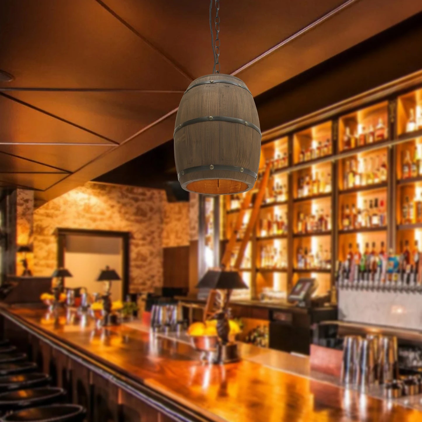 Lampe suspendue rétro E26 en forme de tonneau de vin en bois pour bars, cafés et salon avec une chaîne réglable de 90 cm