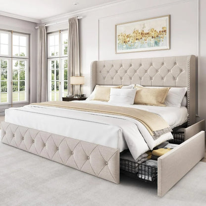 King Size Bed Frame With 4 Storage Drawers And Tufted Headboard Linen Upholstered Platform Wingback Beds,bed Frame