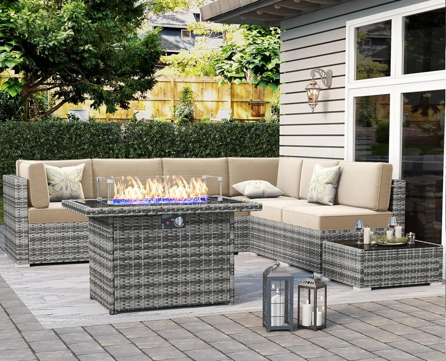 8 Piece Patio Furniture Set with 44" Propane Gas Fire Pit Table, Set Wicker Rattan Sofa Set and Coffee Table Rattan Möbel