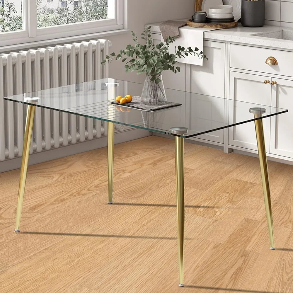 Dining Table and Chairs, 51 Inch, Gold Plated Legs, Tempered Glass Table Top and Dining Chairs, Glass Dinings Tables Set