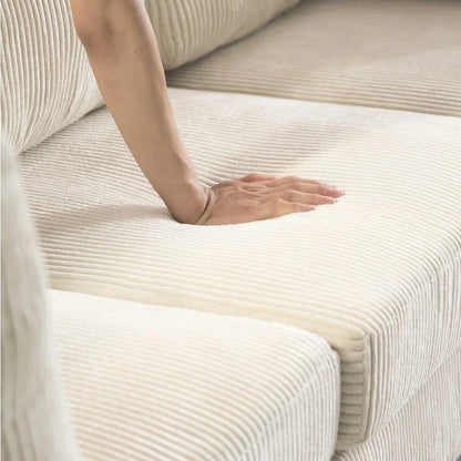 Canapé modulable en L avec repose-pieds amovibles en bois et coussins épais