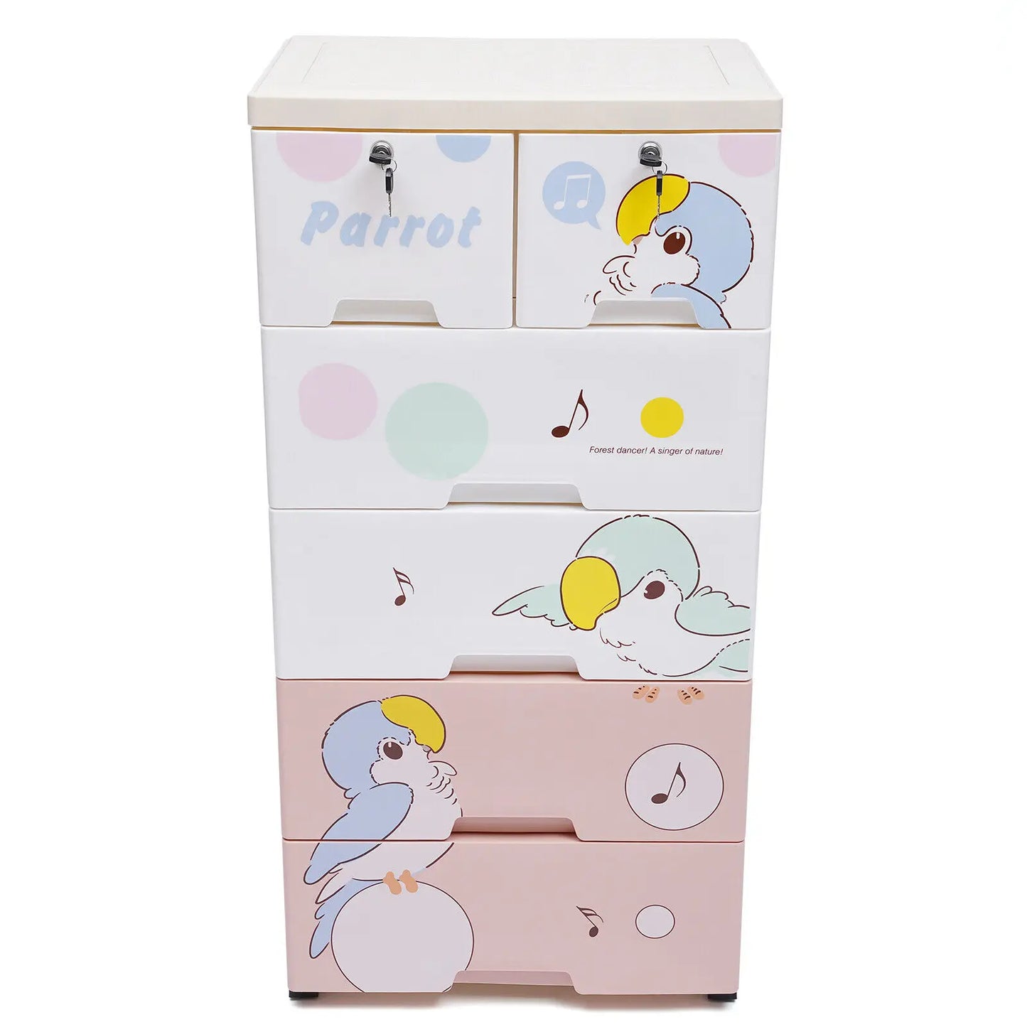 Modern Rolling Parrot Plastic Dresser Storage Cabinet 5 Layers 6 Drawer Bedroom Furniture Home Organizer for Clothes with Lock