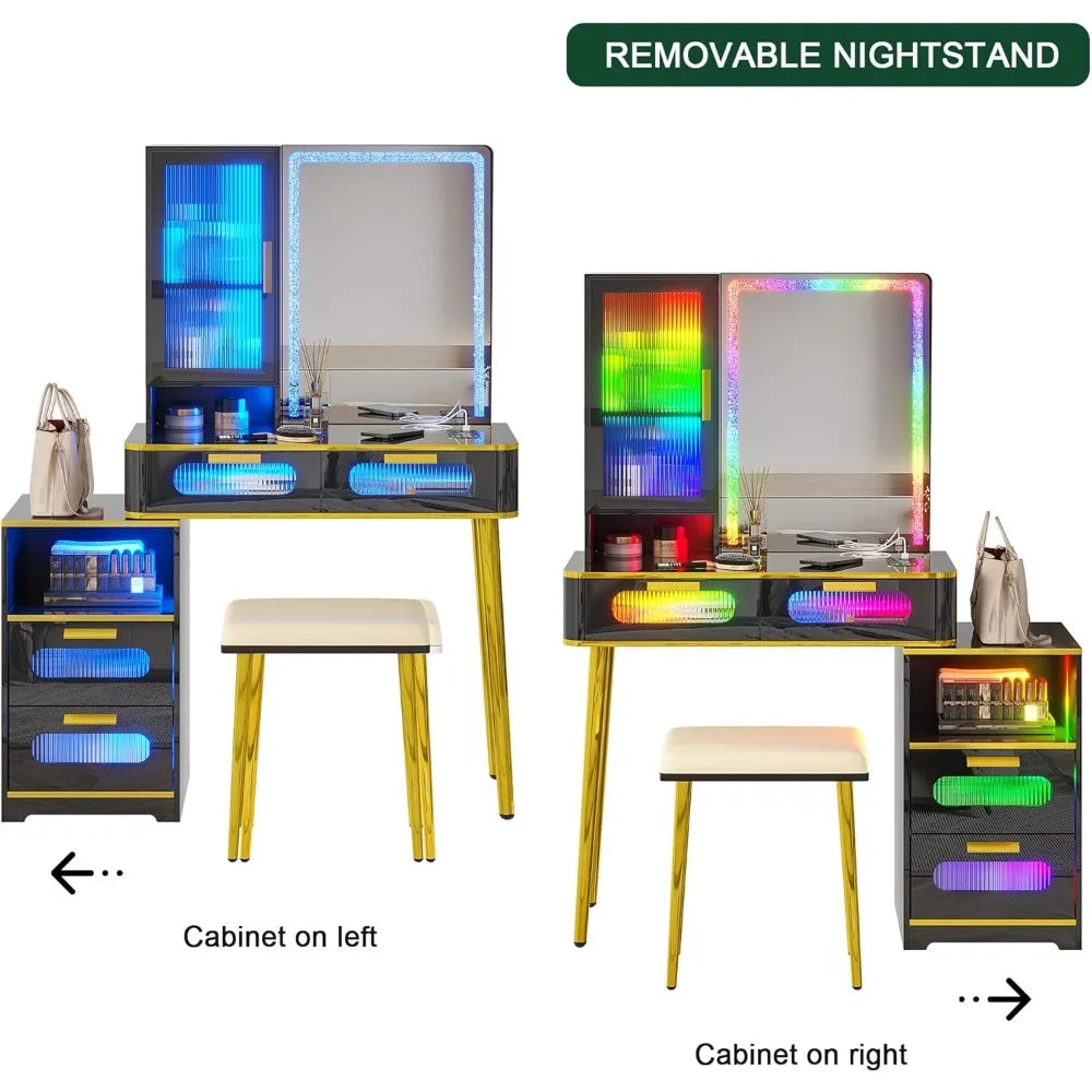 Commodes avec miroir et lumières, ensemble de coiffeuse à LED avec station de charge sans fil/capteur corporel, coiffeuse avec tiroirs