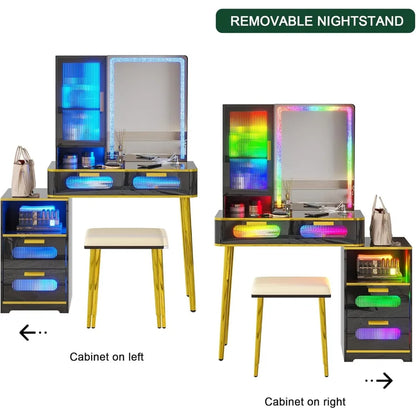 Commodes avec miroir et lumières, ensemble de coiffeuse à LED avec station de charge sans fil/capteur corporel, coiffeuse avec tiroirs