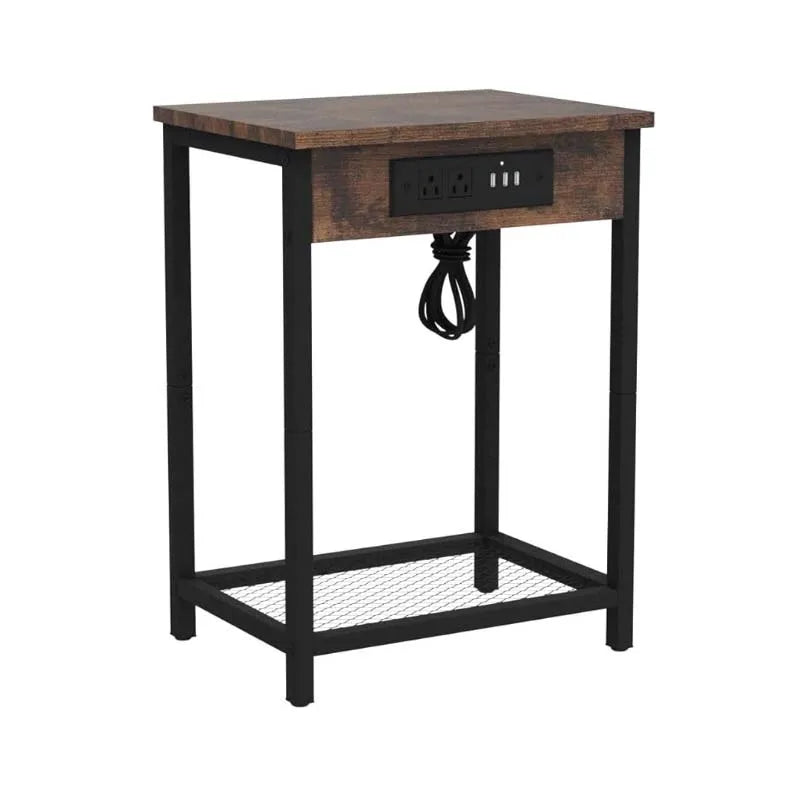 Table de chevet avec station de charge Table d'appoint de chambre à coucher avec ports USB Support de tourne-disque moderne Table de chevet à 2 niveaux