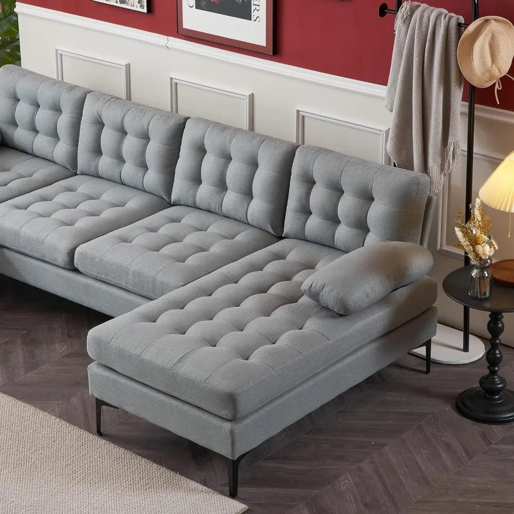 Convertible Sectional Sofa with Double Chaises & Metal Legs, 110" U-Shape Sofa Couch Linen Fabric Upholstered Sectional Sofa