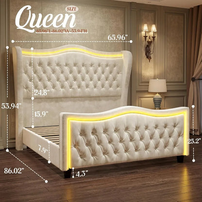 Bed Frame with LED Lights, Bed with Deep Button Tufted Headboard, Queen Size Bed Frame