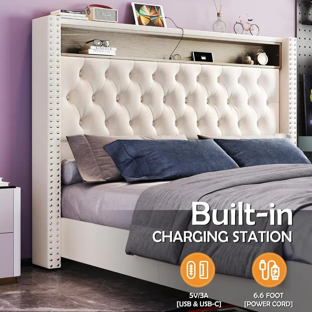 LED King Size Bed Frame and Headboard with Charging Station Velvet Upholstered Beds, No Box Spring Needed, King Size  Bed Frame