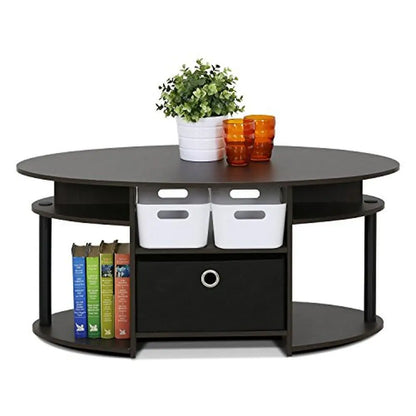 Table basse ovale avec étagères et poubelle intégrées Design simple Bois composite de qualité E1 Convient à toutes les pièces et à tous les budgets Couleur noyer Facile