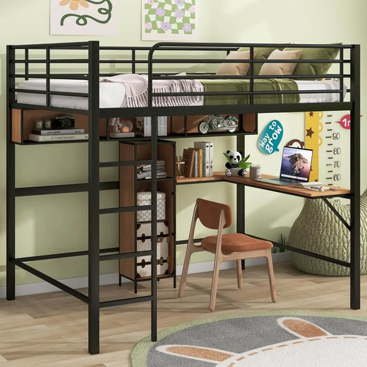 Cama alta de metal tamaño twin con escritorio, escalera y barandillas, para niños, adolescentes y adultos, color negro, tamaño 78" de largo x 41" de ancho x 65" de alto