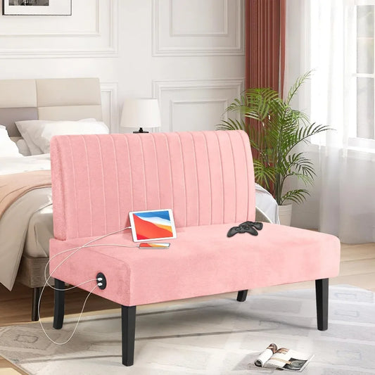 Mini Small Comfy Couch Armless Loveseat Sofa for Bedroom with USB Port, Velvet Pink Small Couches