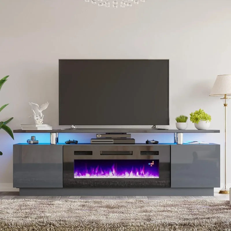 Fireplace TV Stand with 36" White Fireplace, 70" Modern High Gloss Fireplace Entertainment Center LED Lights, 2 Tier TV Console