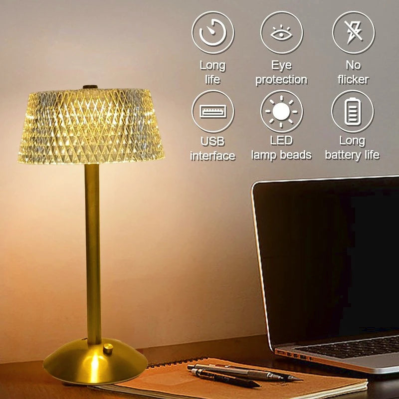 Lampe de table en cristal diamant rétro LED lampe de bureau barre USB rechargeable protection des yeux veilleuse pour chambre hôtel bureau mariage