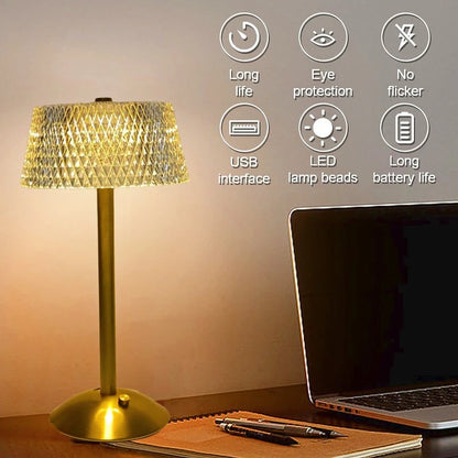 Lámparas de mesa de cristal con forma de diamante, estilo retro, LED, para escritorio, barra, recargable vía USB, luz nocturna con protección para los ojos, para dormitorio, hotel, oficina, boda