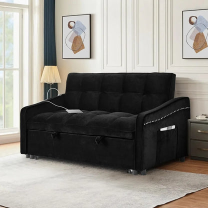 3 in 1 Sleeper Sofa Couch Bed with USB & Type C Port, 52" Small Modern Convertible Tufted Velvet Loveseat Sofa w/Pull Out Bed