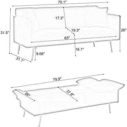 Sofá cama futón, sofá cama con colchón, sofá cama de dos plazas, brazos y respaldo ajustables, sofá cama pequeño y moderno