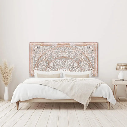 King Wood Headboard White Wash | Carved Full Headboard Only | Wooden Headboard Full Size Bed |