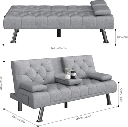 Futon Sofa Bed,Upholstered Convertible Folding Sleeper Sofa with Removable Armrests, Modern Futon Couch,2 Cupholders,Metal Legs