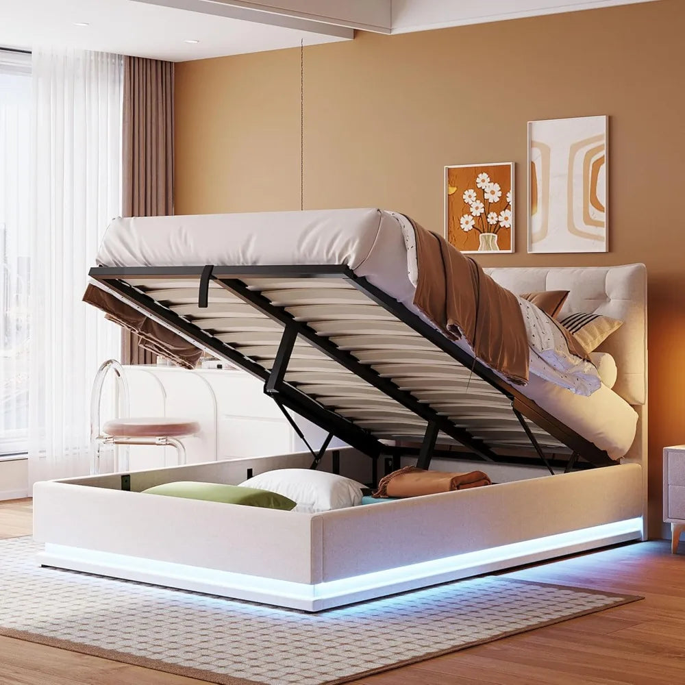 Cama, cama tapizada de tamaño completo con sistema de almacenamiento hidráulico y luz LED, cama de plataforma moderna con botones78.7"L x 65W x 45.3"H