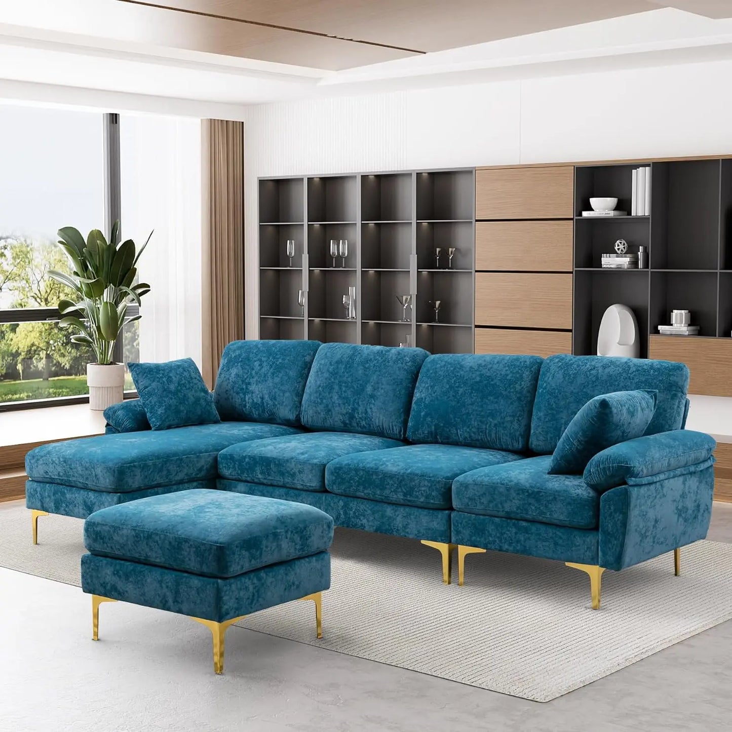 U-Shaped Sectional Sofa Couch,Sofa Set for Living Room,Convertible Velvet Couch Set with Chaise Lounge,Ottoman and Pillows