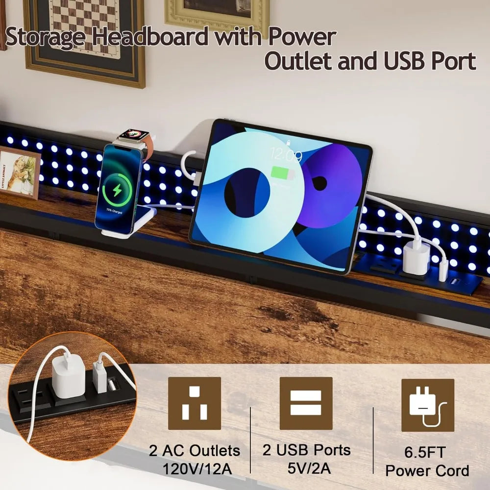 Marco de cama tamaño king con luz LED, cabecera con estante de almacenamiento industrial con toma de corriente y puerto USB, muebles de dormitorio