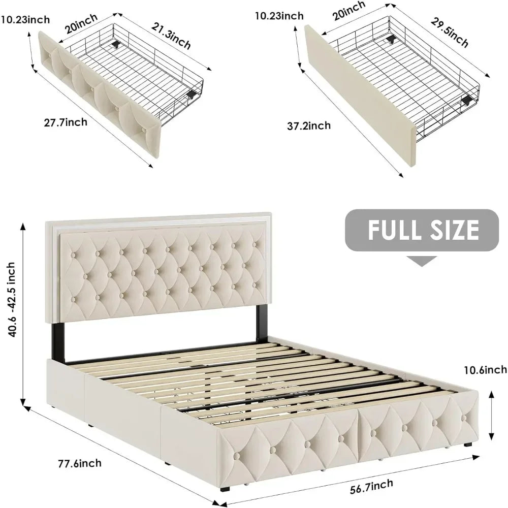 Marco de cama tamaño king con 4 cajones, plataforma de almacenamiento de terciopelo con cabecera ajustable con botones y capitoné, cama LED tapizada completa